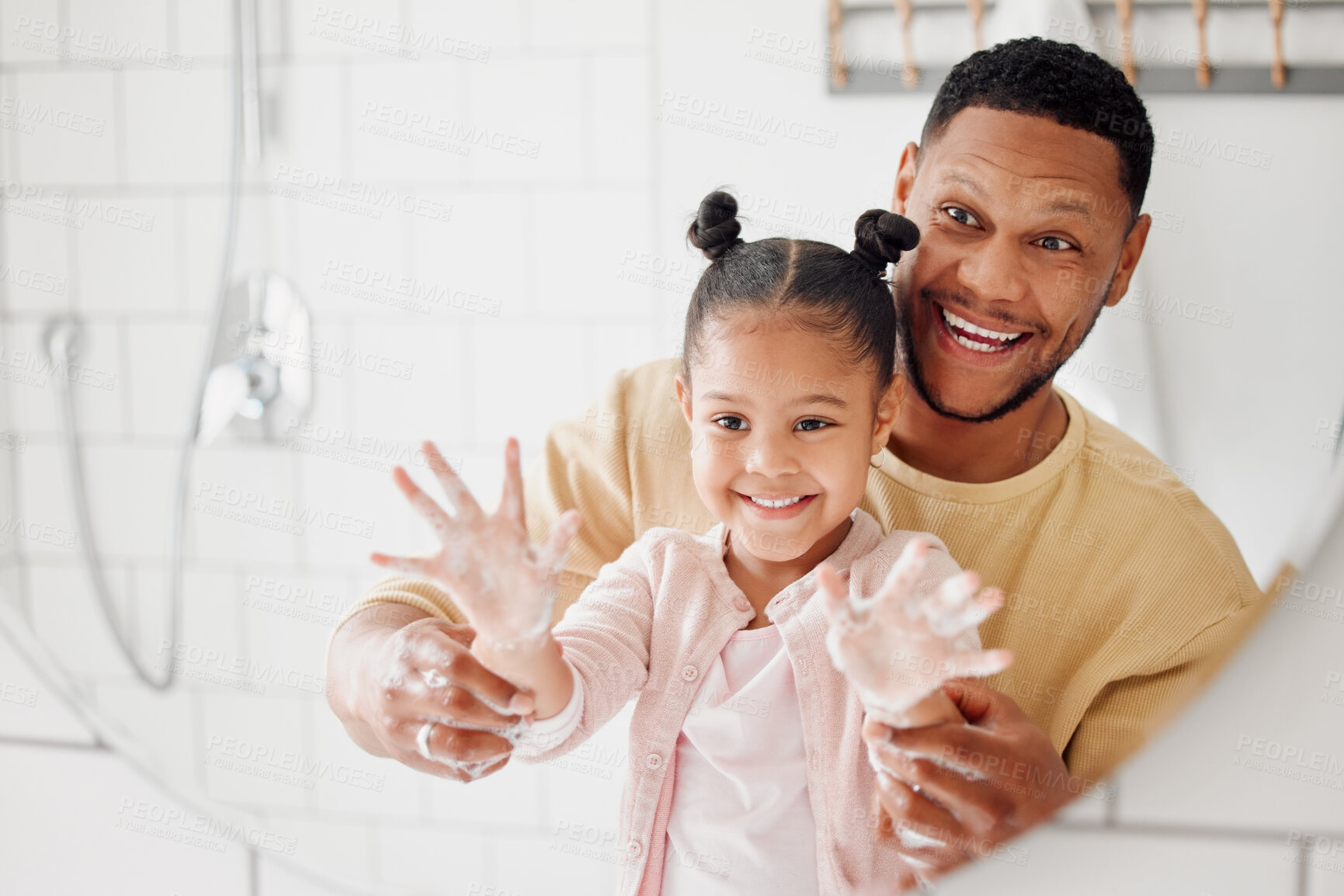 Buy stock photo Father, child and washing of hands in mirror for teaching healthy habits, hygiene support and disinfection in home. Man, happy girl or soap for dirt, bacteria prevention and cleaning routine in house