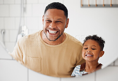 Buy stock photo Bathroom, smile in mirror and dad with child in home for dental hygiene, brushing teeth or cleaning. Health, family and father with kid for learning oral care, wellness or grooming in morning routine