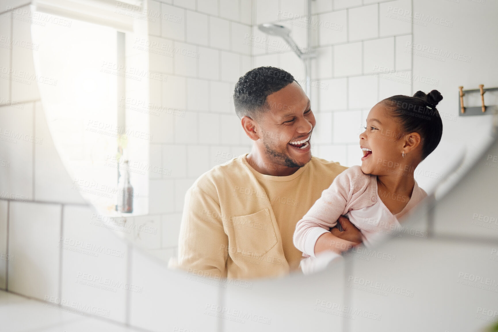 Buy stock photo Bathroom, happy and dad with child in mirror for dental hygiene, brushing teeth and cleaning. Health, family and father with girl for learning skincare, wellness and washing for morning routine