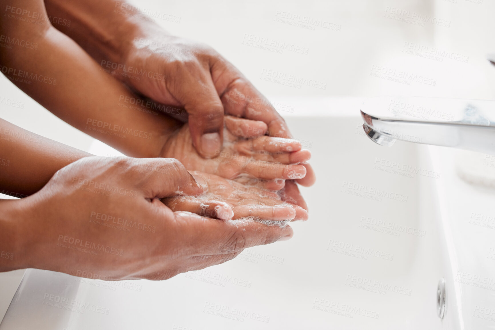 Buy stock photo Parent, child and washing of hands by sink for teaching healthy habits, hygiene support and disinfection in bathroom. People, water and soap for dirt, bacteria prevention and cleaning routine in home