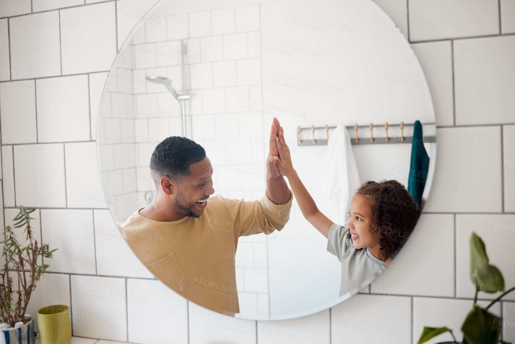 Buy stock photo Bathroom, high five and dad with child in mirror for dental hygiene, brushing teeth and cleaning. Health, family and father with girl for learning skincare, wellness and washing for morning routine