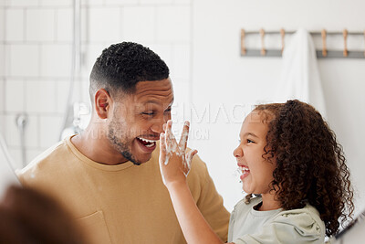 Buy stock photo Young girl, father and washing hands with soap fun, cleaning and hygiene in the morning in bathroom. Home, youth and bacteria protection with routine, foam and health support for wellness and smile