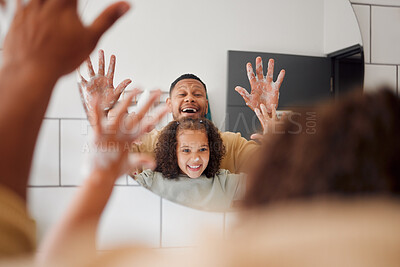 Buy stock photo Father, kid and cleaning of hands in mirror for teaching healthy habits, hygiene support and disinfection in home. Man, happy girl and soap for dirt, bacteria prevention and washing routine in house