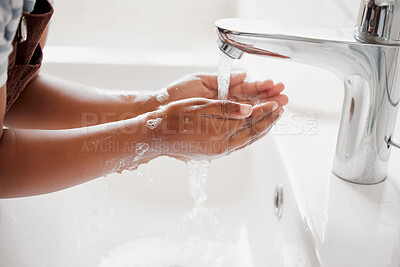 Buy stock photo Child, hands and water for washing in bathroom with learning healthy habits, hygiene routine and disinfection in home. Person, basin and soap for dirt, bacteria prevention and protection in apartment