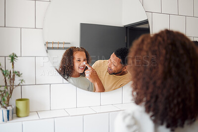 Buy stock photo Bathroom, cream and dad with child in mirror for dental hygiene, brushing teeth and cleaning. Health, family and father with girl for learning skincare, wellness and washing for morning routine