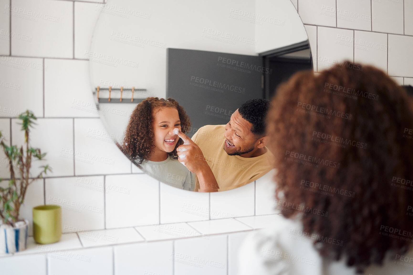 Buy stock photo Bathroom, cream and dad with child in mirror for dental hygiene, brushing teeth and cleaning. Health, family and father with girl for learning skincare, wellness and washing for morning routine