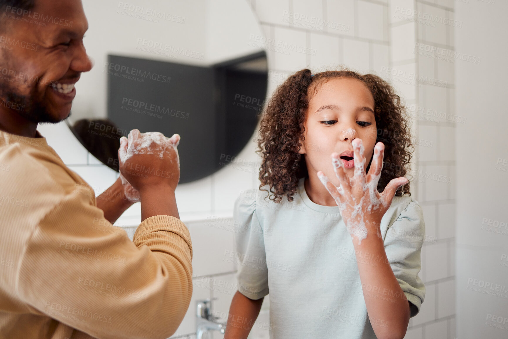 Buy stock photo Young girl, dad and washing hands with soap bubble, cleaning and hygiene in the morning in bathroom. Home, youth and bacteria protection with routine, foam and health support for wellness and smile