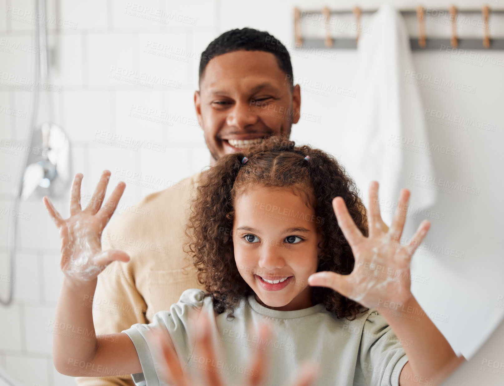 Buy stock photo Father, kid and washing of hands in mirror for teaching healthy habits, hygiene support and disinfection in home. Man, happy girl and soap for dirt, bacteria prevention and cleaning routine in house