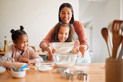 Buy stock photo Happy, mother and baking with children in home for help, support and parent teaching to cook. Family, woman and smile with kids in kitchen for ingredients, preparation and learning recipe on weekend