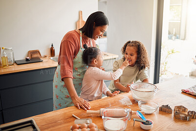 Buy stock photo Playful, children and baking with mother in kitchen for support, help or teaching recipe to kids. Happy, woman and smile with ingredients at home for preparing, education or learning to cook together