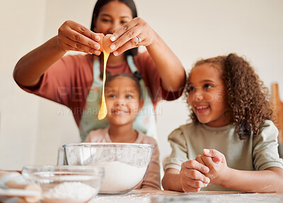 Buy stock photo Family, children and woman with egg in kitchen for support, help and teaching baking recipe. Happy, kids and mother with flour in bowl at home for ingredient, preparation or learning to cook together