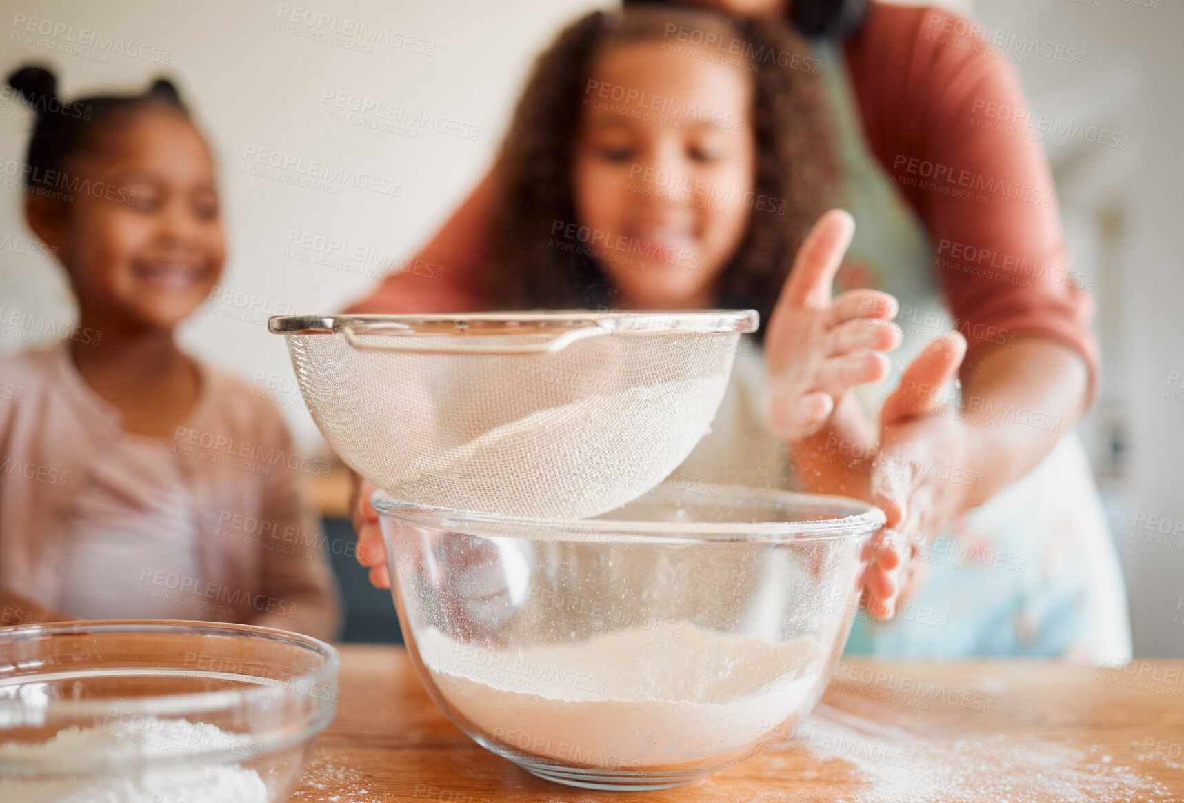 Buy stock photo Happy, baking and kids with parent in kitchen with flour, cooking and youth learning in home. Girl, cookie and breakfast with care, support and fun with culinary development and love together