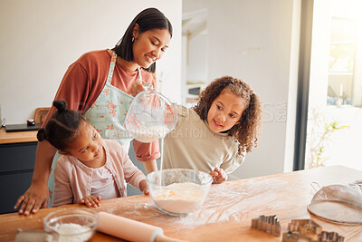 Buy stock photo Baking, kids and woman with milk in kitchen for ingredients, help and teaching recipe on weekend. Home, children and mother with flour in bowl for preparation, support and learning to cook together