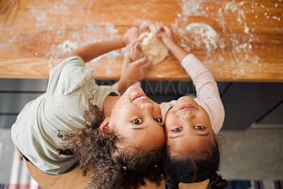 Buy stock photo Baking, above and portrait of children with dough for cake, treats and dessert for bonding, fun or relationship. Family, home and young girls with ingredients, recipe and learning together in kitchen