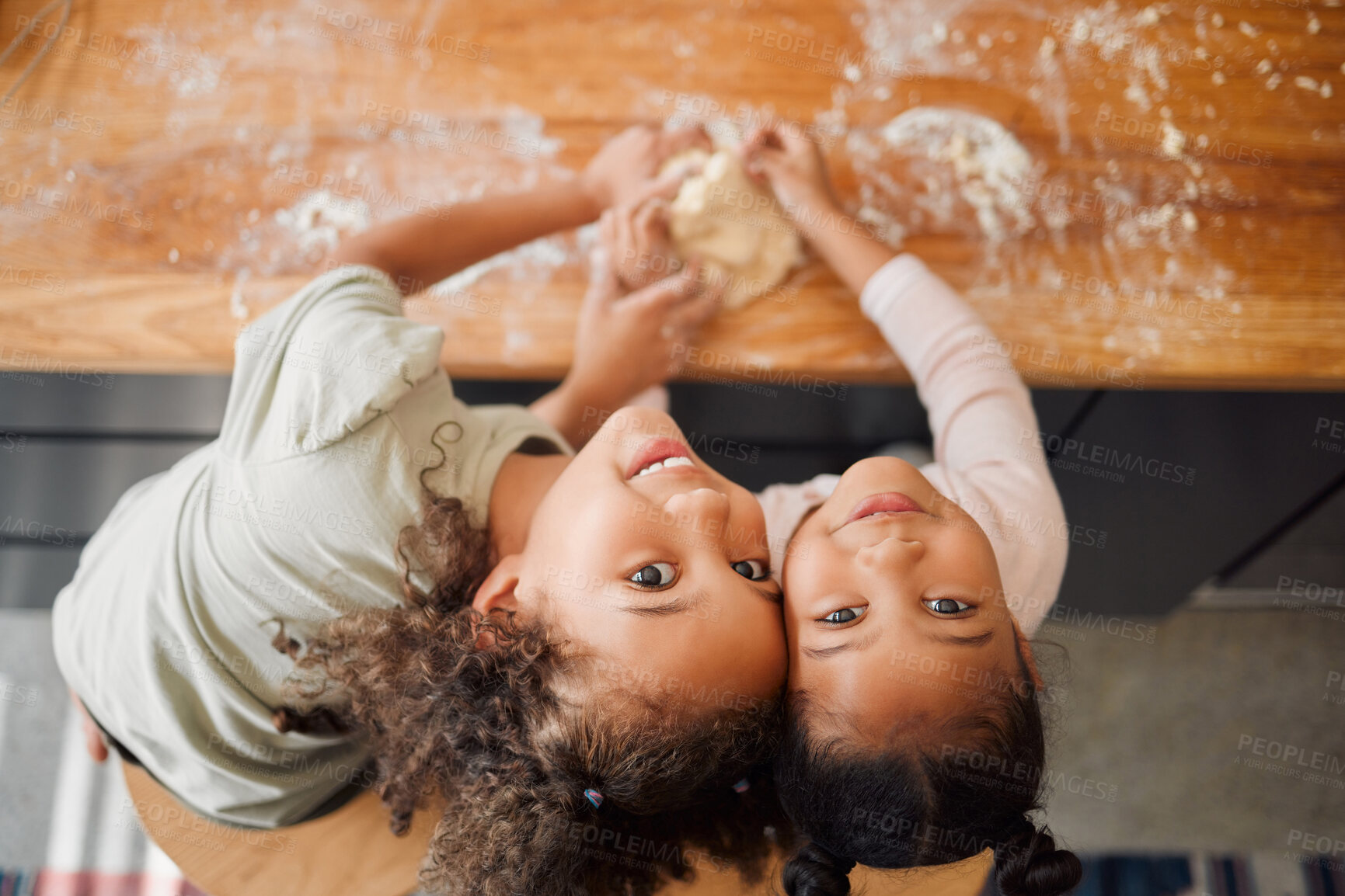 Buy stock photo Baking, above and portrait of children with dough for cake, treats and dessert for bonding, fun or relationship. Family, home and young girls with ingredients, recipe and learning together in kitchen