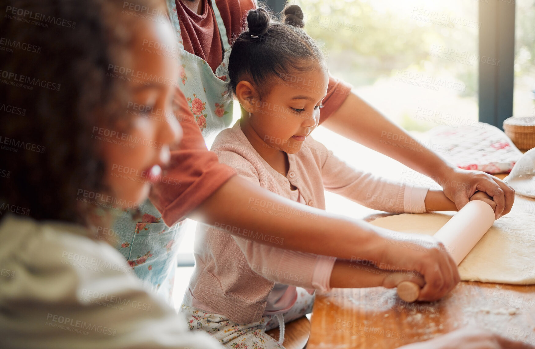 Buy stock photo Bonding, baking and kids with parent in kitchen with dough, cooking and youth learning in home. Girl, cookie and food with care, support and family with culinary development and love together