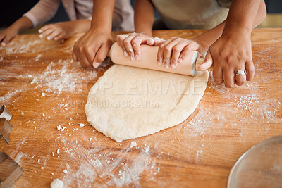 Buy stock photo Baking, rolling pin and hands of children with dough for cake, treats and dessert for bonding, fun or skills. Family, home and young girls with ingredients, recipe and learning together in kitchen