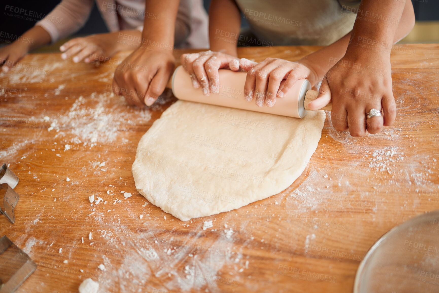 Buy stock photo Baking, rolling pin and hands of children with dough for cake, treats and dessert for bonding, fun or skills. Family, home and young girls with ingredients, recipe and learning together in kitchen