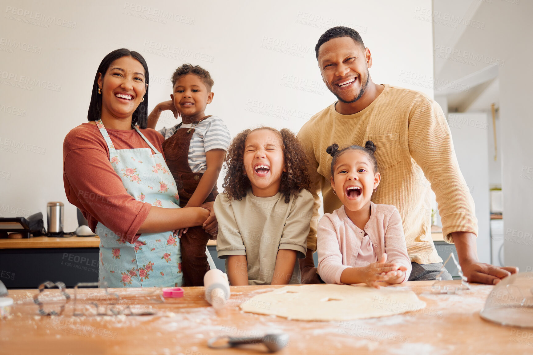 Buy stock photo Family, portrait and baking with children in kitchen for love, support or teaching cookie recipe. Father, mother and smile with kids at home for ingredient, preparation or learning to cook on weekend