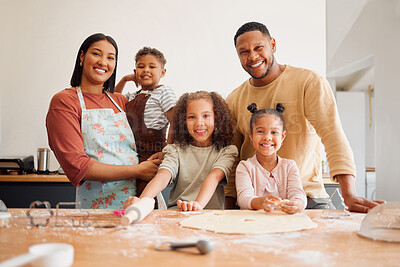 Buy stock photo Family, portrait and baking with kids in kitchen for support, love and learning cookie recipe. Father, mother and smile with children at home for preparing, ingredients or teaching to cook on weekend