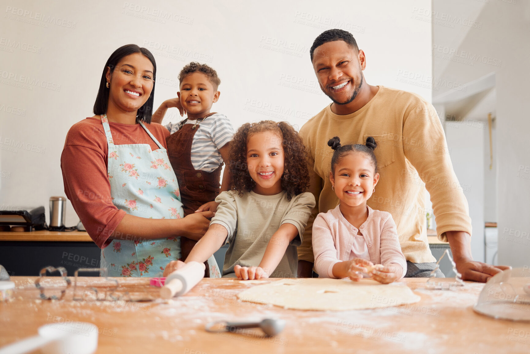 Buy stock photo Family, portrait and baking with kids in kitchen for support, love and learning cookie recipe. Father, mother and smile with children at home for preparing, ingredients or teaching to cook on weekend