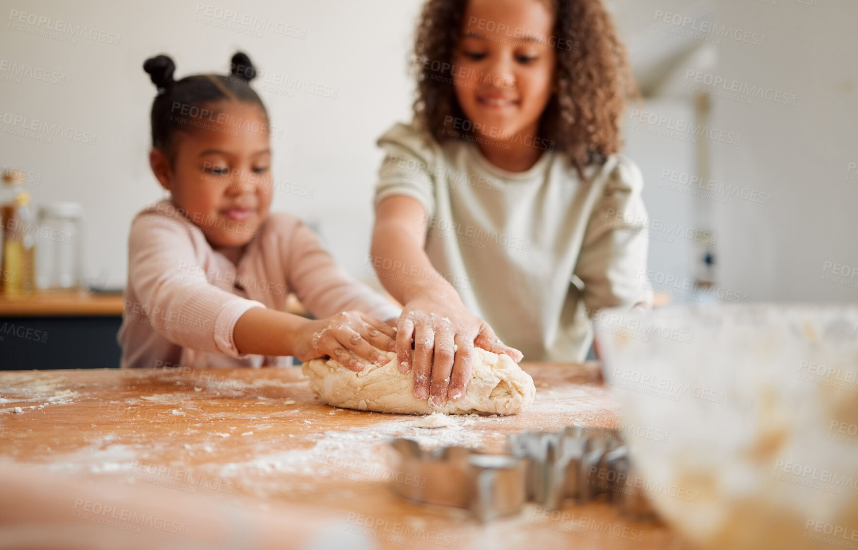 Buy stock photo Happy, baking and kids with food in kitchen with flour, cooking and youth with family in home. Girls, cookies and breakfast with care, support and fun with culinary development and love together