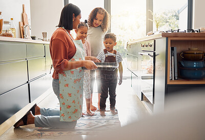 Buy stock photo Baking, oven and mother with children in kitchen for cake, treats and dessert for bonding, fun or relationship. Family, home and young girls with ingredients, recipe and learning together with tray