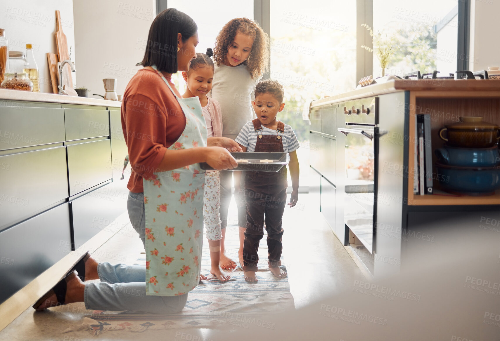 Buy stock photo Baking, oven and mother with children in kitchen for cake, treats and dessert for bonding, fun or relationship. Family, home and young girls with ingredients, recipe and learning together with tray