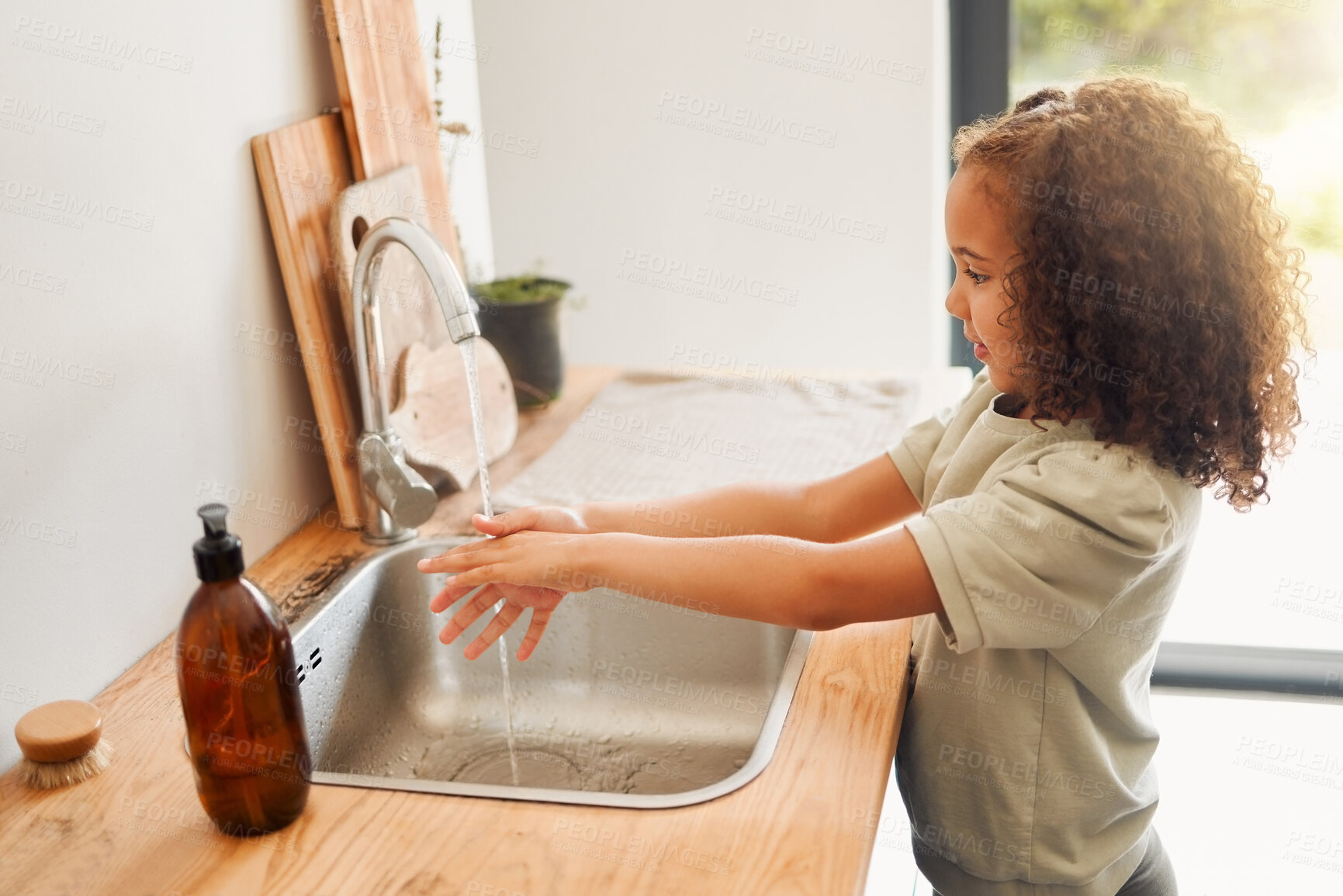 Buy stock photo Child, hands and water for washing in kitchen sink with learning healthy habits, hygiene routine and disinfection. Girl kid, basin and liquid soap for dirt, bacteria prevention or protection in home