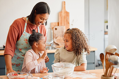 Buy stock photo Happy, woman and baking with children in kitchen for help, support and parent teaching recipe. Siblings, mother and smile with kids at home for ingredients, preparation or learning to cook on weekend