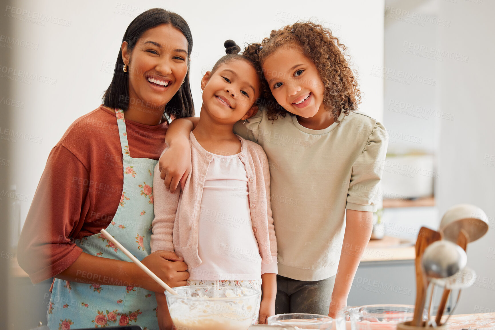 Buy stock photo Mother, children and baking with portrait in kitchen for teaching cake recipe, dessert ingredients and bonding. Happy family, woman and girl kids in home with cookie preparation and cooking with love