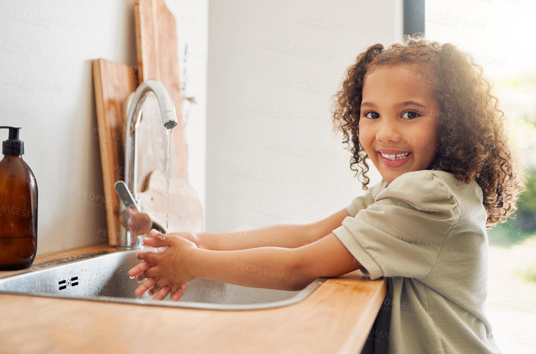 Buy stock photo Child, portrait and water for washing hands in kitchen sink with learning healthy habits, hygiene routine and disinfection. Girl kid, basin or soap for dirt, bacteria prevention or protection in home