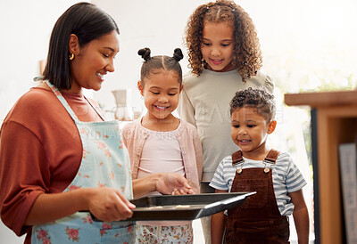 Buy stock photo Mother, kids or baking of cookies by stove for cake recipe, dessert snack and bonding in kitchen. Happy family, woman or curious children in home with biscuits in pan or cooking sweet treat with love