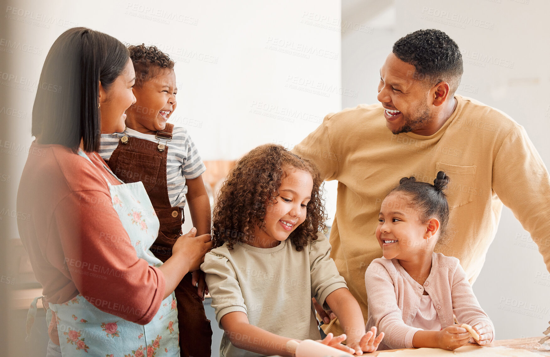 Buy stock photo Baking, happy and parents with children in kitchen for cake, treats and dessert for bonding, fun or relationship. Family, home and mom, dad and kids with ingredients, recipe and learning together