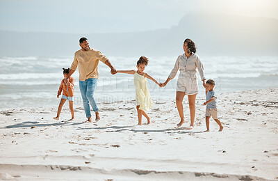 Buy stock photo Love, holding hands and solidarity with family at beach for travel destination, summer or vacation. Relax, tropical and adventure with parents and children for holiday, bonding and happiness together