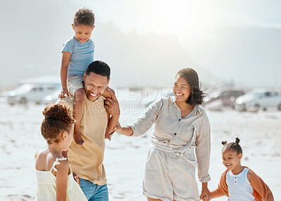 Buy stock photo Vacation, holding hands and solidarity with family at beach for travel destination, summer or love. Relax, tropical and adventure with parents and children for holiday, bonding and happiness together