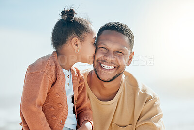 Buy stock photo Love, kiss and father with daughter at beach for travel destination, support or summer vacation. Relax, tropical and adventure with man and child for family holiday, bonding and happiness together