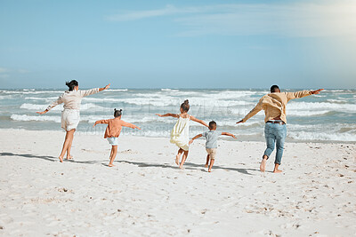 Buy stock photo Vacation, running and airplane with family at beach for travel destination, love or summer. Relax, tropical and adventure with parents and children for holiday, bonding and happiness together