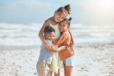 Buy stock photo Love, hug and portrait of children at beach for travel destination, summer or vacation. Relax, tropical and adventure with siblings on family holiday for support, bonding and happiness together