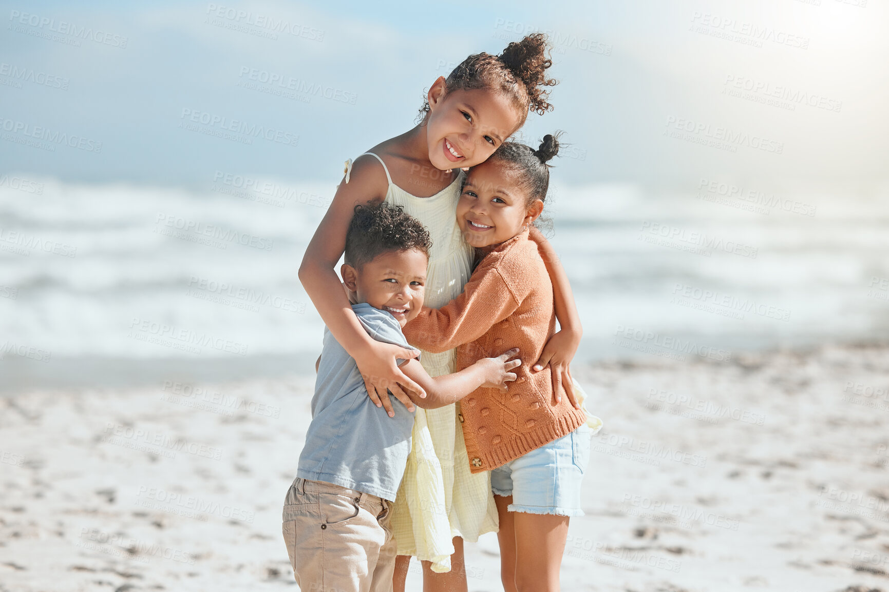 Buy stock photo Love, hug and portrait of children at beach for travel destination, summer or vacation. Relax, tropical and adventure with siblings on family holiday for support, bonding and happiness together