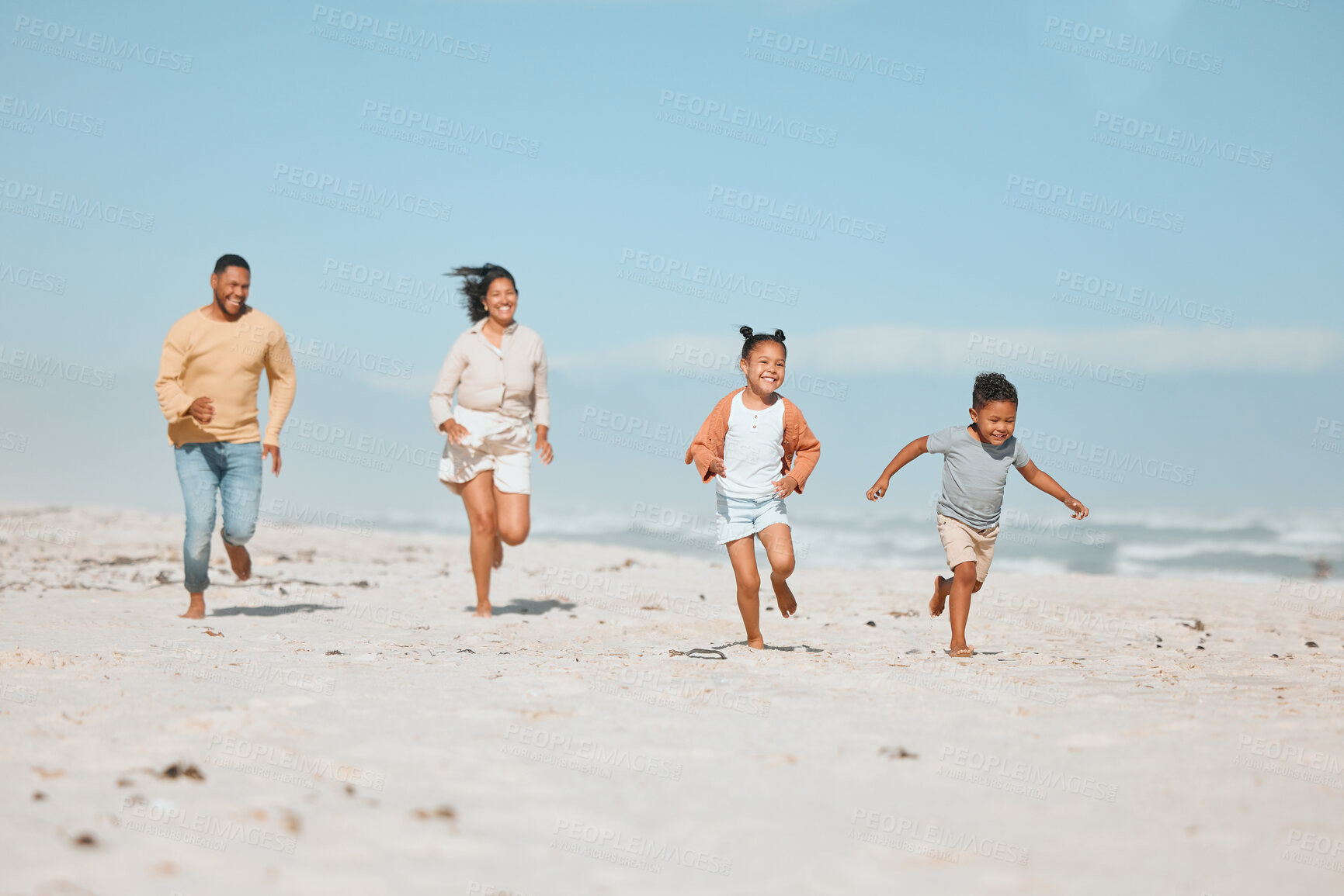 Buy stock photo Love, running and solidarity with family at beach for travel destination, summer or vacation. Relax, tropical and adventure with parents and children for holiday, bonding and happiness together