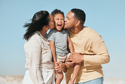 Buy stock photo Love, kiss and support with family at beach for travel destination, solidarity and summer vacation. Relax, tropical and adventure with parents and child for holiday, bonding and happiness together