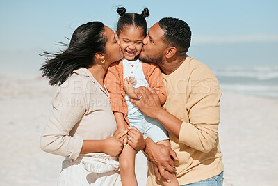 Buy stock photo Love, kiss and bonding with family at beach for travel destination, solidarity and summer vacation. Relax, tropical and adventure with parents and child for holiday, support and happiness together