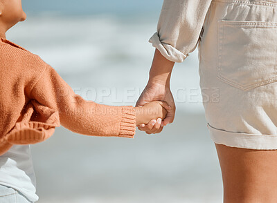 Buy stock photo Love, holding hands and closeup with family at beach for travel destination, summer or vacation. Relax, tropical and adventure with parent and child for holiday, bonding and happiness together