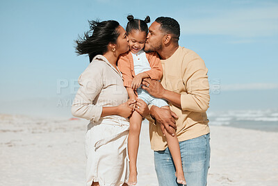 Buy stock photo Relax, kiss and bonding with family at beach for travel destination, solidarity and summer vacation. Love, tropical and adventure with parents and child for holiday, support and happiness together