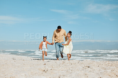 Buy stock photo Care, holding hands and running with family at beach for travel destination, summer or vacation. Relax, tropical and adventure with father and children for holiday, bonding and happiness together