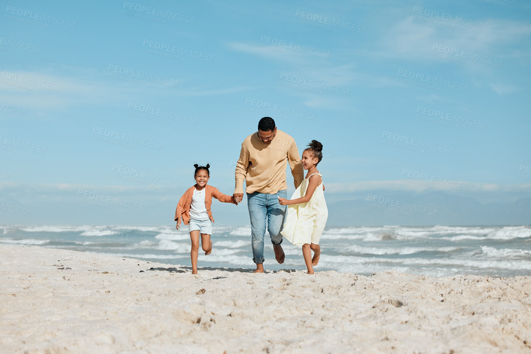 Buy stock photo Care, holding hands and running with family at beach for travel destination, summer or vacation. Relax, tropical and adventure with father and children for holiday, bonding and happiness together