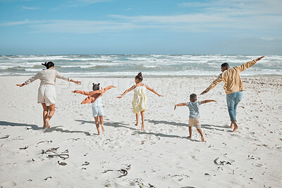 Buy stock photo Love, running and airplane with family at beach for travel destination, summer or vacation. Freedom, energy and adventure with parents and children for fun holiday, bonding and happiness together