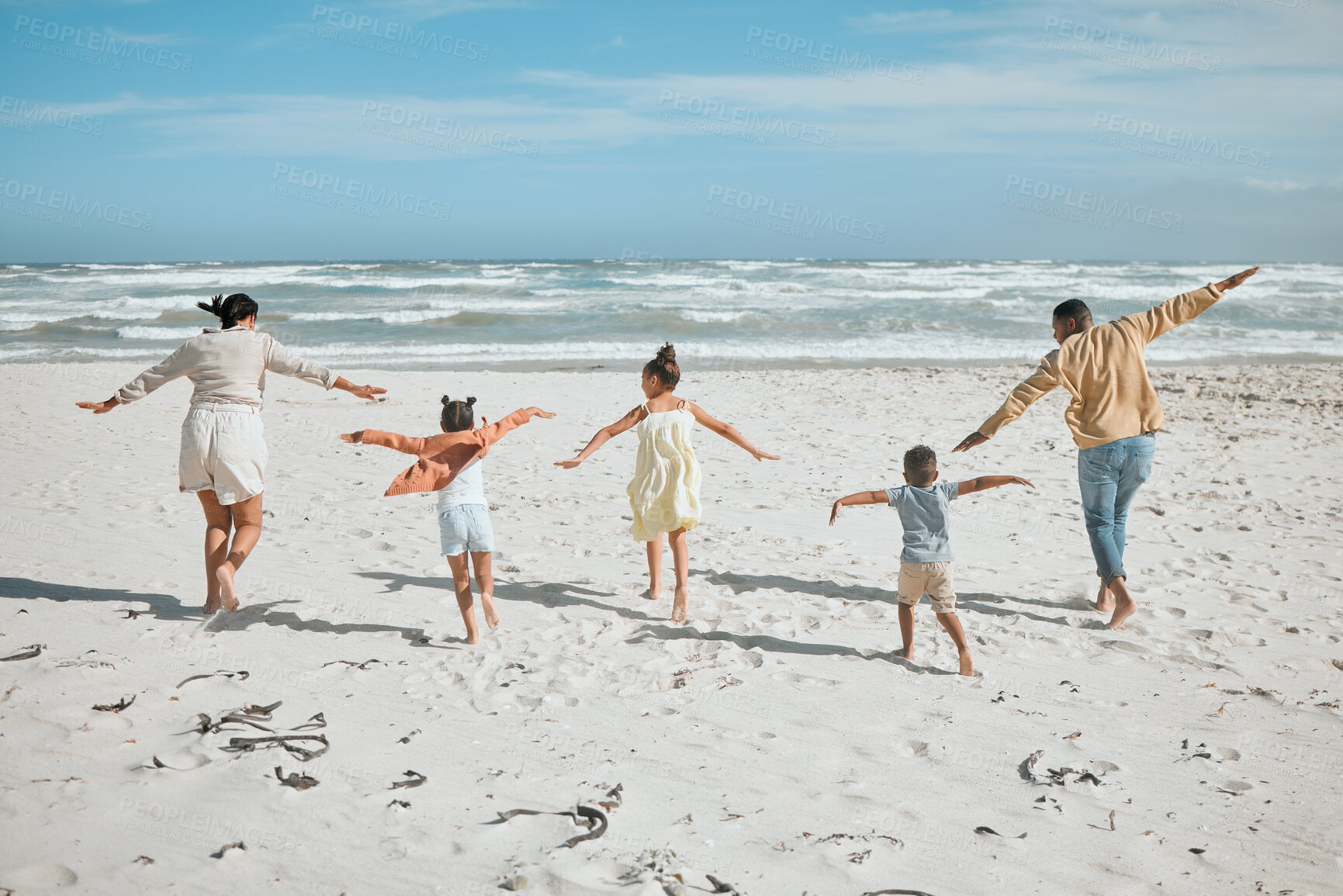 Buy stock photo Love, running and airplane with family at beach for travel destination, summer or vacation. Freedom, energy and adventure with parents and children for fun holiday, bonding and happiness together