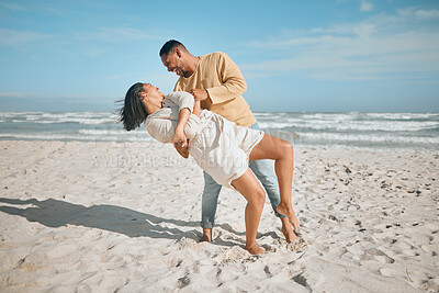 Buy stock photo Dance, happy and love with couple on beach together in summer for dating, honeymoon or romance. Holiday, travel or vacation with smile of man and woman having fun on sand at tropical island paradise